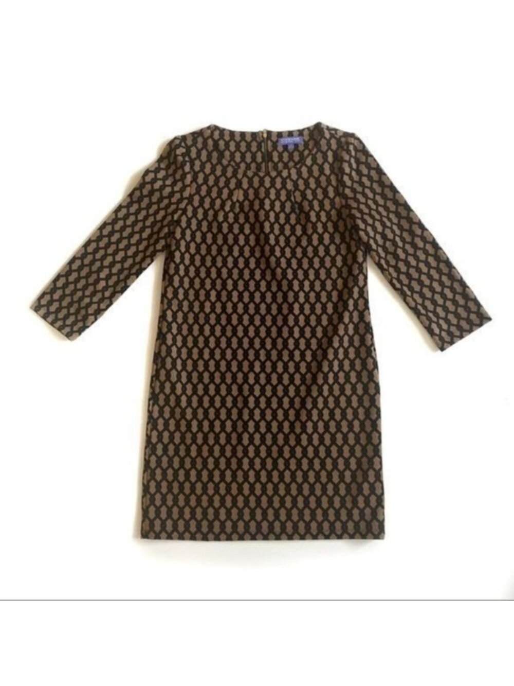Vivienne Tam Tan and Black Patterned Long Sleeve Sheath Dress - 4